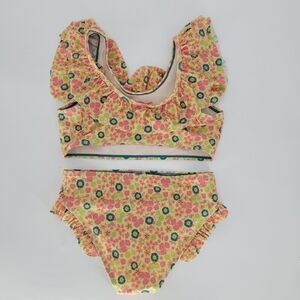 Scotch & Soda Lime Green Pink Floral Ruffle Two Piece Bikini Swim Suit GIRLS 14